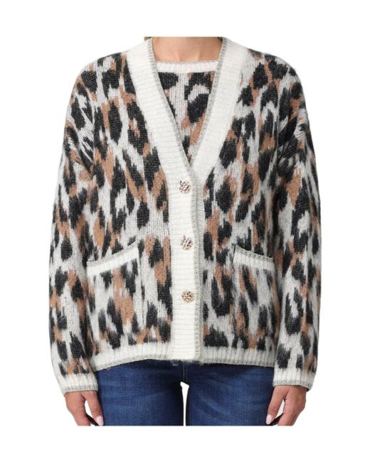 Liu Jo Multicolor Leopard-Intarsia Knit V-Neck Cardigan