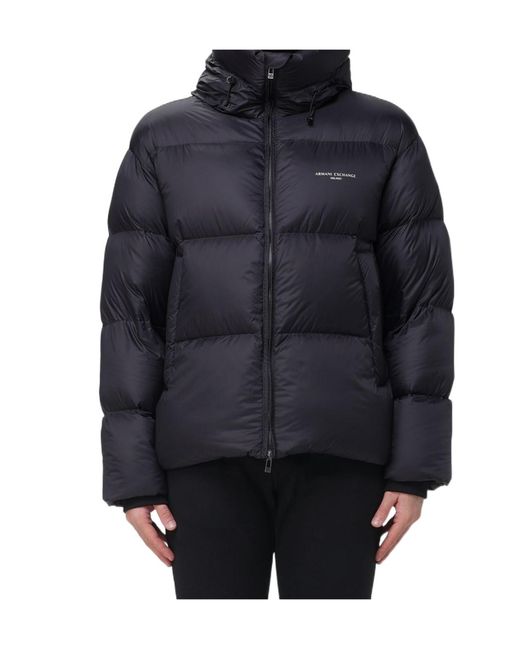 ARMANI EXCHANGE Blue Satin Hooded Down Jacket for men