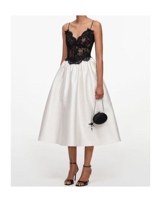 Self-Portrait White Cream Taffeta Contrast Lace Midi Dress