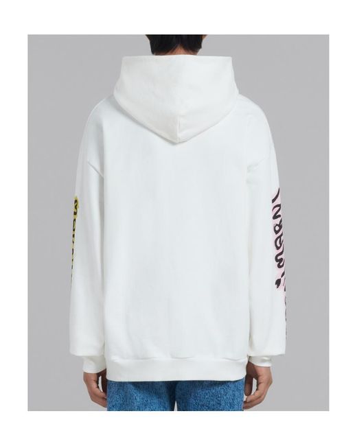 Marni White Graffiti Printed Long Sleeved Hoodie for men