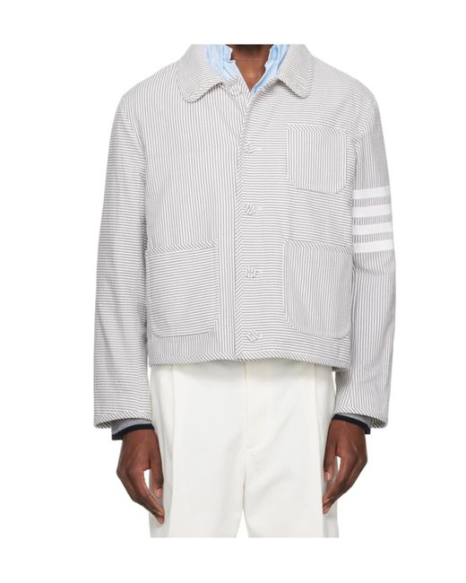 Thom Browne White Unconstructed-Bar Seersucker Jacket for men
