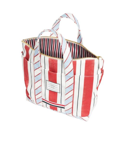 Thom Browne Red Logo Patch Striped Tote Bag for men