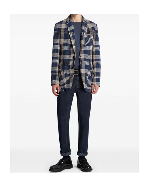 Etro Blue Check-Pattern Knit Blazer for men