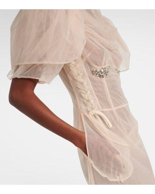 Simone Rocha Natural Embellished Ruched Mesh Midi Dress