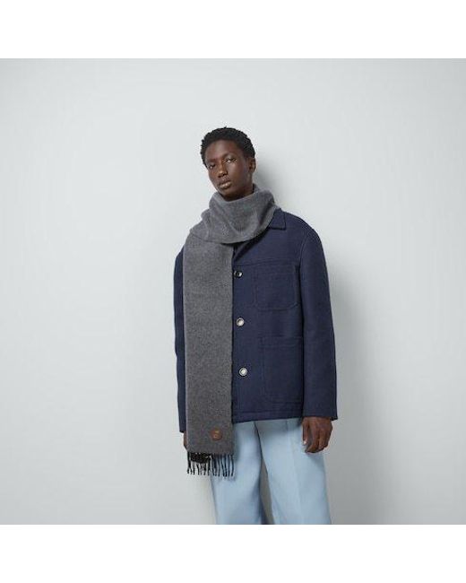 Gucci Gray Logo Patch Fringed Scarf for men