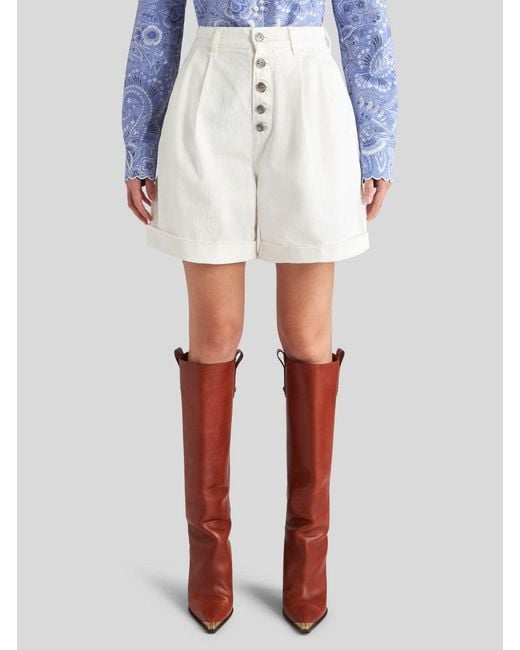 Etro White Chevron High-Waist Bermuda Shorts