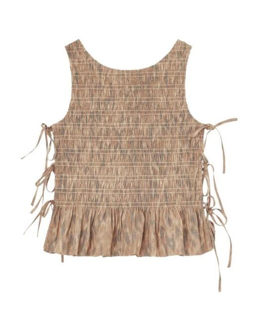 Ganni Natural Smocked Tie-Detail Top