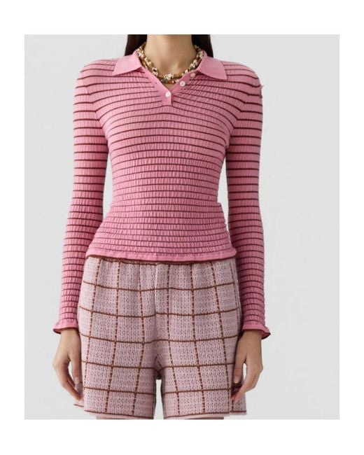 Guest In Residence Pink Striped Shirred Polo Shirt