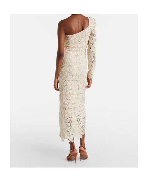 Farm Rio White One-Shoulder Floral Crochet Cotton Midi Dress