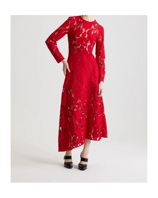 Patou Red Laced Long-Sleeves Midi Dress