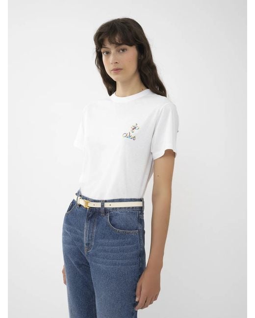 Chloé White Chloé Logo Embroidered Crewneck T-Shirt