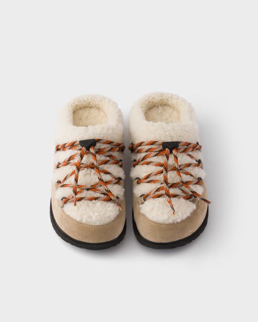 Prada Brown Suede And Shearling Mules