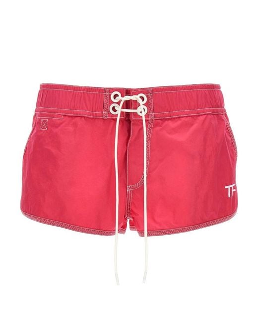 Tom Ford Red Logo Printed Drawstring Shorts