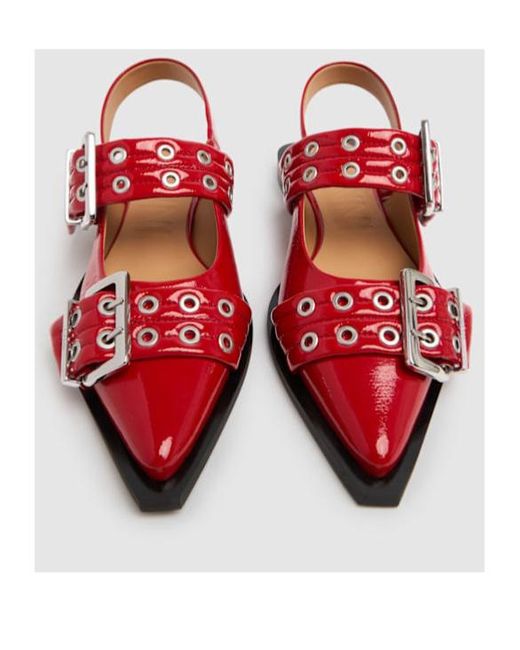 Ganni Red Buckle Pointed Flat Sandals