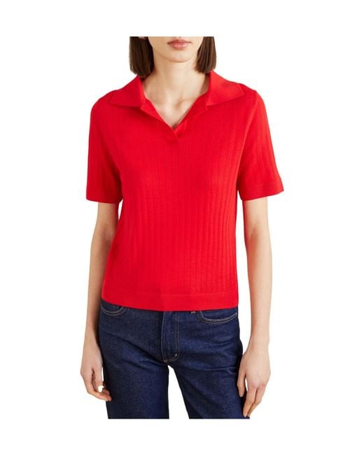 Allude Red Pointelle-Knit Wool Polo Top