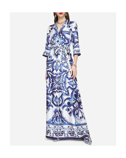 Dolce & Gabbana Blue Majolica-Print Maxi Shirt Dress