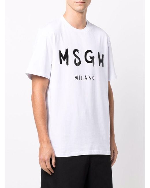 MSGM White Logo Printed Crew Neck T-Shirt for men