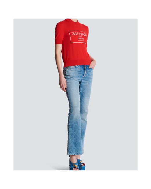 Balmain Red Logo Detailed Knitted Top