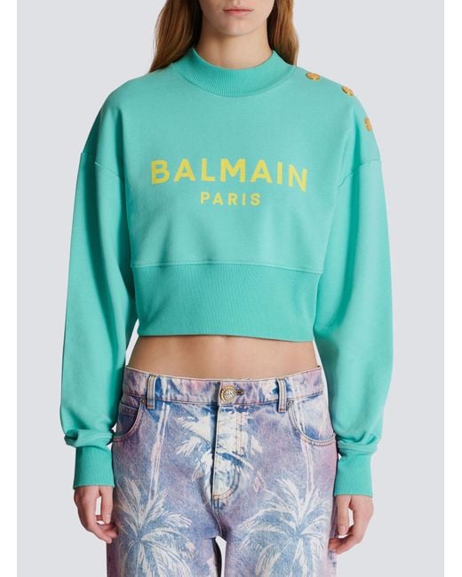 Balmain Blue Logo Printed Crewneck Cropped Sweatshirt