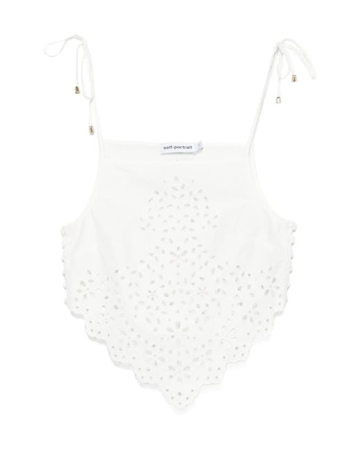 Self-Portrait White Embroidered Asymmetric Hem Top