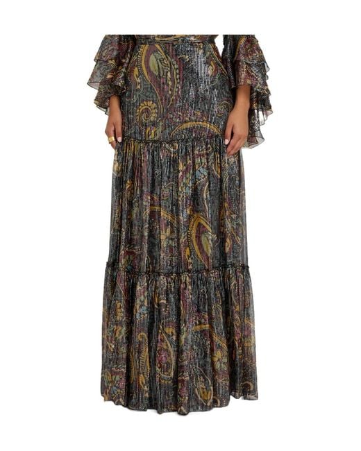 Etro Multicolor Printed Tiered Metallic Silk Midi Skirt