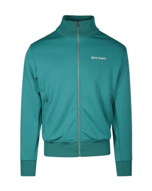 Palm Angels Green Logo Embroidered Zipped Track Jacket for men