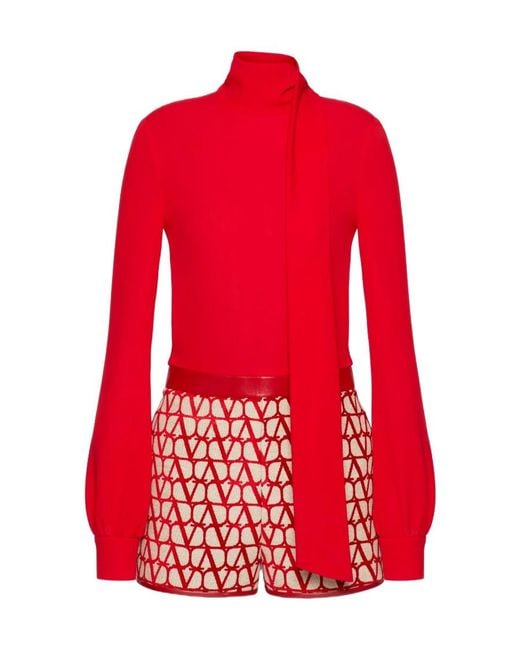 Valentino Red Logo-Pattern Short Jumpsuit