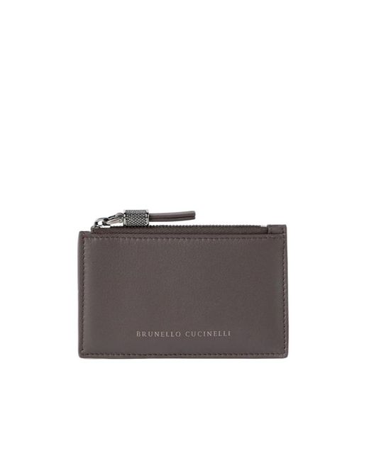 Brunello Cucinelli Gray Calfskin Card Case With Shiny Zipper Pull