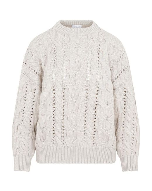 Brunello Cucinelli White Cable-Knitted Long-Sleeved Jumper