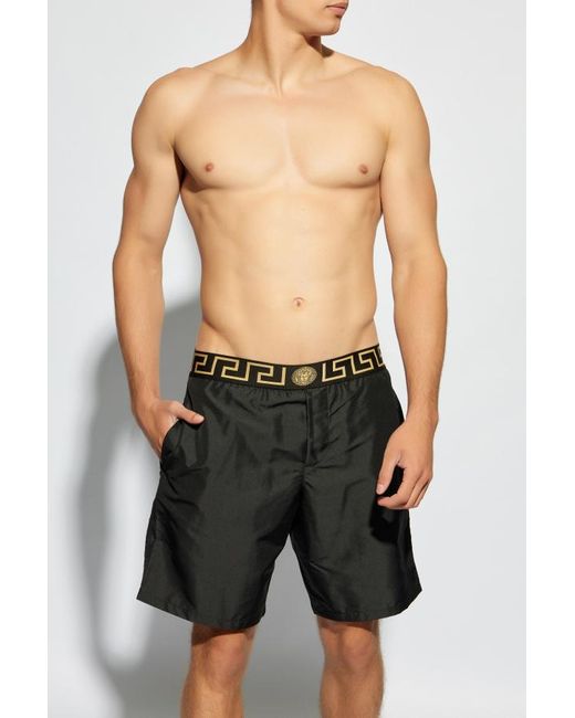 Versace Blue Logo-Waistband Swim Shorts for men