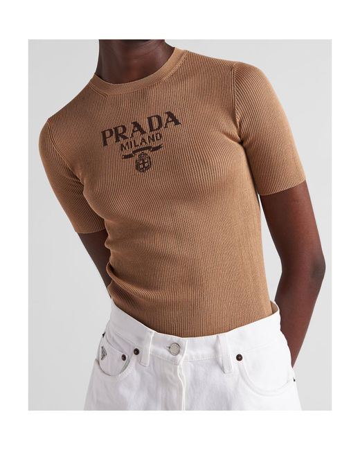 Prada Brown Logo Embroidered Ribbed Top