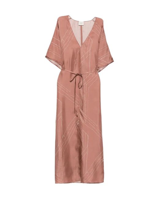 Alysi Pink Abstract-Print Tie-Waist Midi Dress