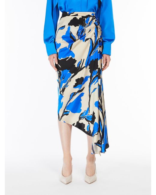 Max Mara Blue Floral-Print Asymmetric Skirt