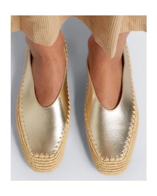 Gabriela Hearst Natural Strength Raffia-Trimmed Metallic Leather Flats