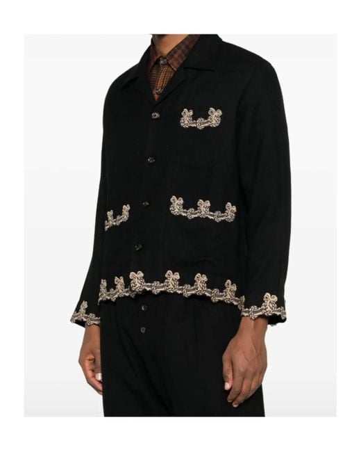 Bode Black Embroidered-Pocket Wool Overshirt for men