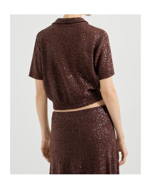 Brunello Cucinelli Brown Sequin Embellished Polo Top