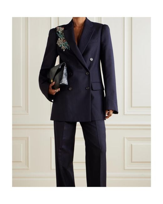 Dries Van Noten Blue Oversized Double-Breasted Embellished Wool Herringbone Blazer