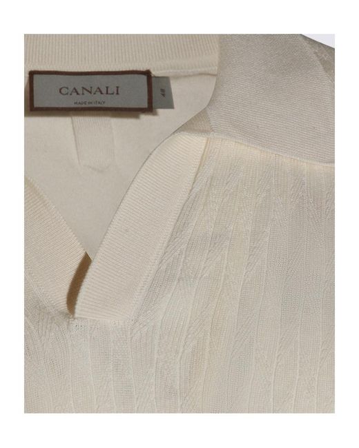 Canali White Textured Knit Polo Top for men