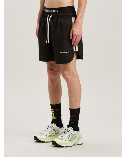 Palm Angels Black Logo Printed Drawstring Swim Shorts for men