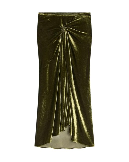 Dries Van Noten Green Draped Velvet Midi Skirt