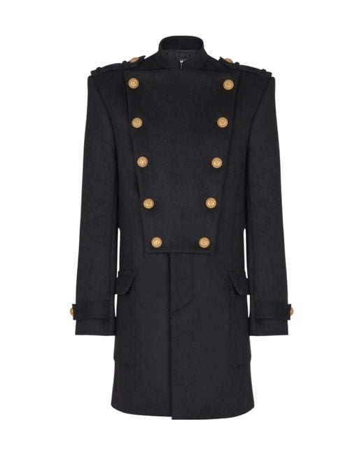 Balmain Black Wool-Cashmere Military Coat for men