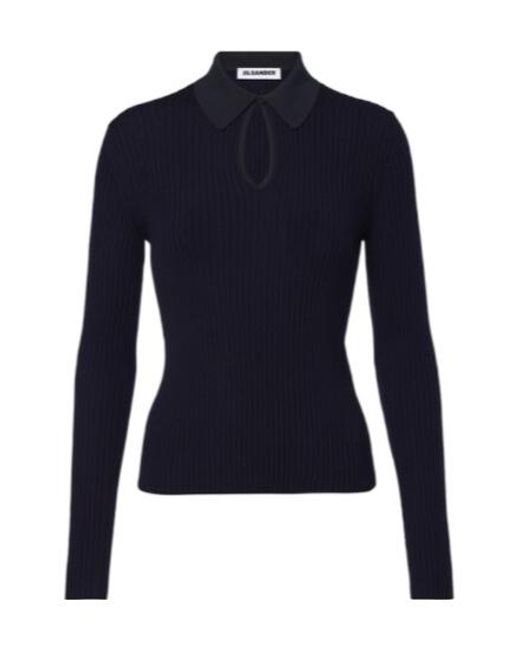 Jil Sander Blue Cutout Ribbed-Knit Wool Polo Sweater