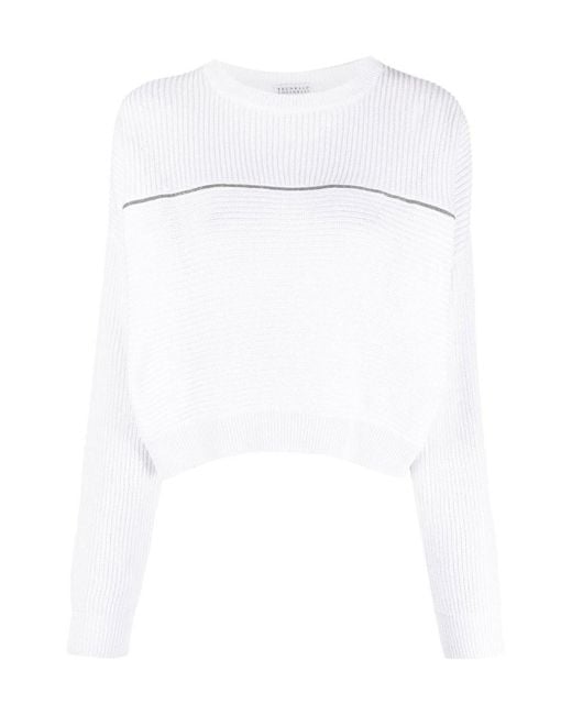 Brunello Cucinelli White Ribbed Crewneck Crop Sweater