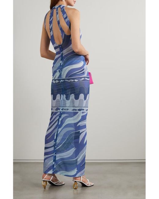 Emilio Pucci Blue Pucci Swirl-Printed Cut-Out Halterneck Dress