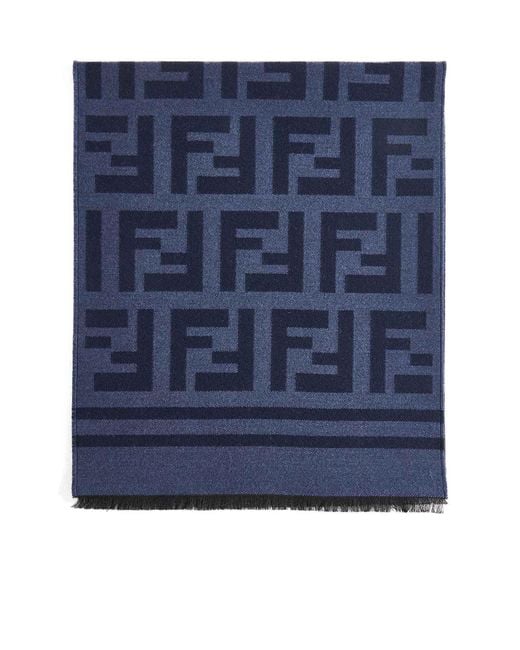 Fendi Blue Ff Motif Frayed-Edge Scarf for men