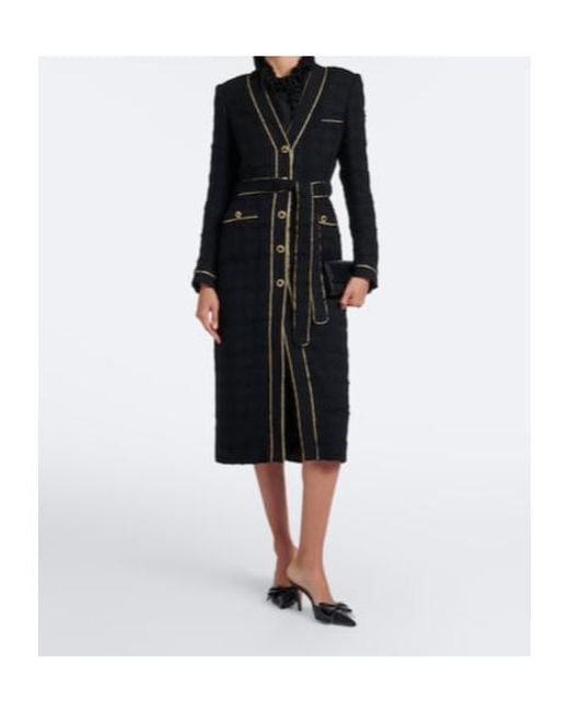 Alessandra Rich Black Belted Cotton-Blend Bouclé Tweed Coat