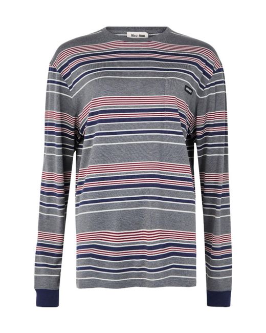 Miu Miu Blue Long-Sleeved Striped T-Shirt