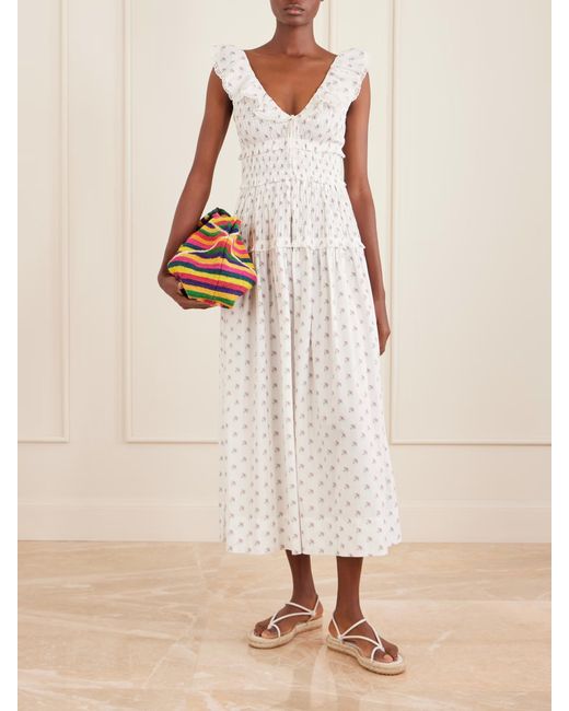 Doen White Sorina Floral-Print Midi Dress