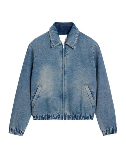 AMI Blue Logo Embossed Zip-Up Denim Jacket for men