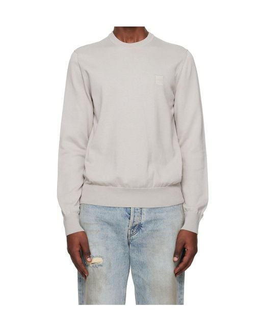 Boss White Long-Sleeved Crew Neck Knit Sweater for men